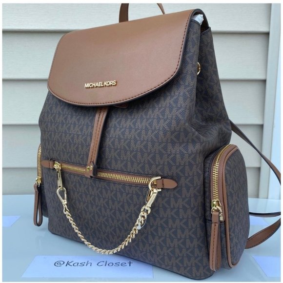 Michael Kors Backpack Jet Set MK Logo Large Chain Backpack Brown - Picture 2 of 11